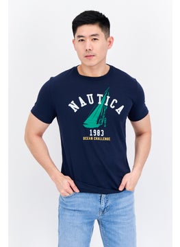 Men Crew Neck Short Sleeve Brand Logo T-Shirt, Navy