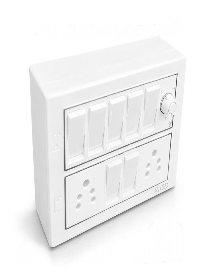 A1 LED 12 Modular Switch Board with 7 Switches, 2 Universal Sockets & Fan Regulator | Wall Mount Electrical Panel Board for Home, Office, Kitchen Use - Image 1