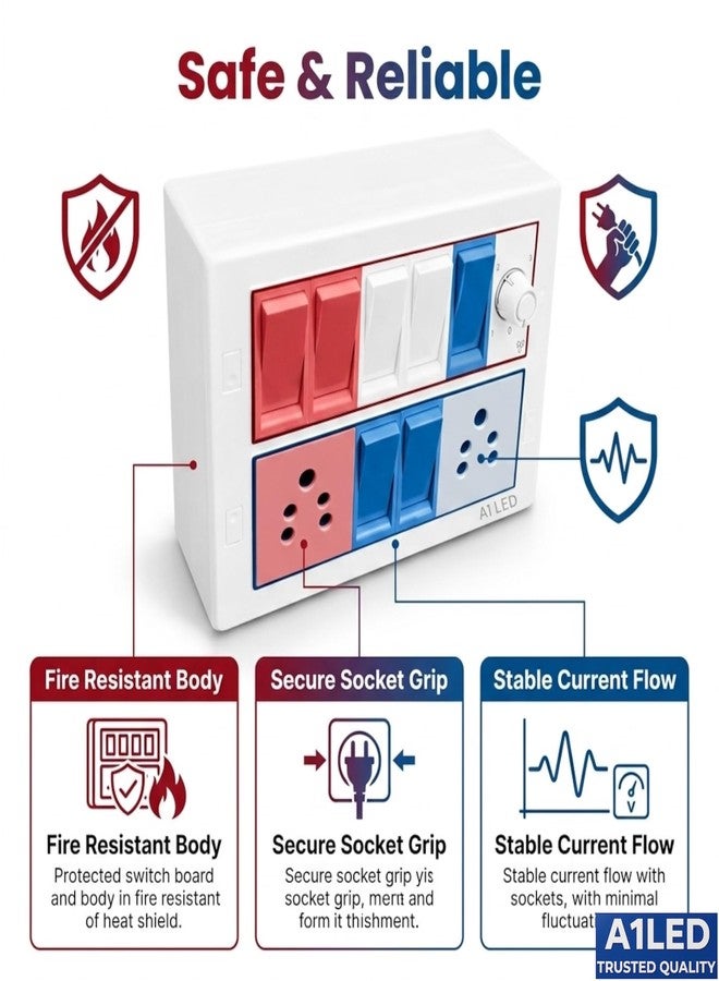 A1 LED 12 Modular Switch Board with 7 Switches, 2 Universal Sockets & Fan Regulator | Wall Mount Electrical Panel Board for Home, Office, Kitchen Use - Image 3