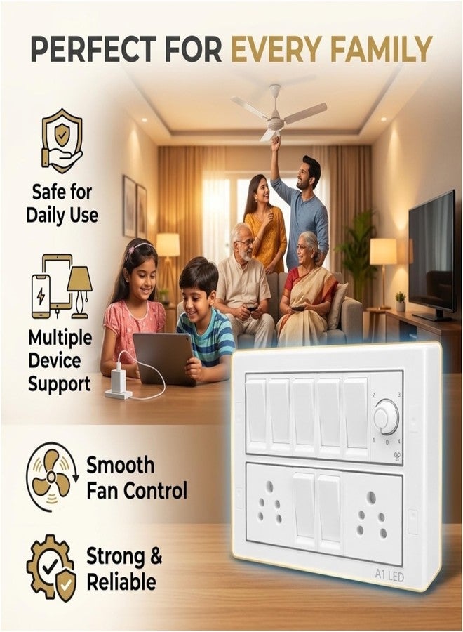 A1 LED 12 Modular Switch Board with 7 Switches, 2 Universal Sockets & Fan Regulator | Wall Mount Electrical Panel Board for Home, Office, Kitchen Use - Image 2