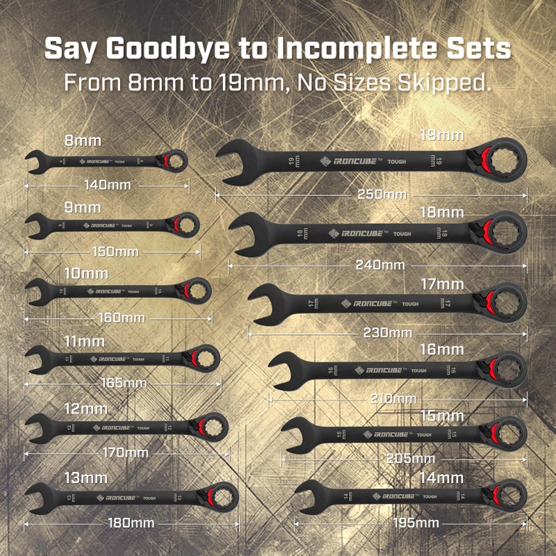 ironcube Reversible Ratcheting Wrench Set: 12-Piece Metric 8-19mm - Tough Black - Wax Canvas Storage Bag - Automotive and Motorcycle Repair Tools - Image 5