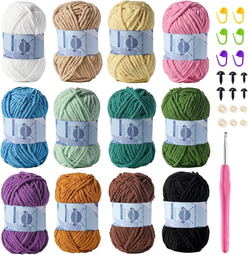 OMoiut 12 Pack Fluff Chenille Chunky Yarn for Crocheting Premier Puzzle Velvet Baby Crochet Yarn with Black White Purple Pink Blue Coffee Red Premier Khaki Yellow Amigurumi Yarns Set B - Image 2
