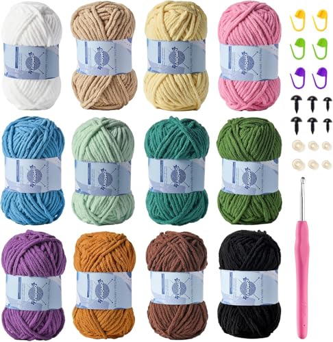 OMoiut 12 Pack Fluff Chenille Chunky Yarn for Crocheting Premier Puzzle Velvet Baby Crochet Yarn with Black White Purple Pink Blue Coffee Red Premier Khaki Yellow Amigurumi Yarns Set B - Image 1