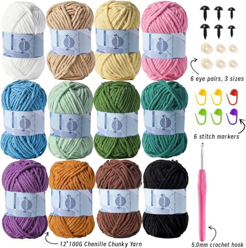 OMoiut 12 Pack Fluff Chenille Chunky Yarn for Crocheting Premier Puzzle Velvet Baby Crochet Yarn with Black White Purple Pink Blue Coffee Red Premier Khaki Yellow Amigurumi Yarns Set B - Image 3