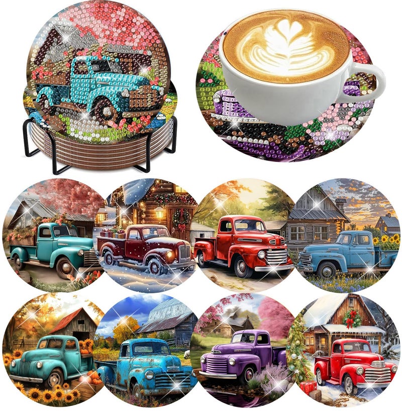 mrpwnle Diamond Art Coasters Kits 8Pcs Diamond Painting Coasters Crafts Kit with Holder DIY Truck Diamonds Art Non Slip Coaster Crafts Kits for Adults Beginners Gifts - Image 3