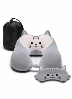 Y&D Travel Pillow for Kids and Adults, Cute Animal Memory Foam Neck with Soft Fleece Cover Eye Mask Set, Airplane Kit Drawstring Organizer Bag, Machine Washable (Kitten)  - Image 1
