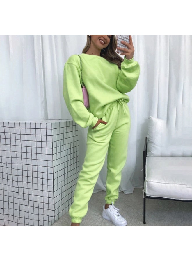 NIBEMINENT Spring And Autumn Solid-color Round-neck Pullover Long Pants For Women, Fashionable And Casual Long-sleeved Set - Image 1