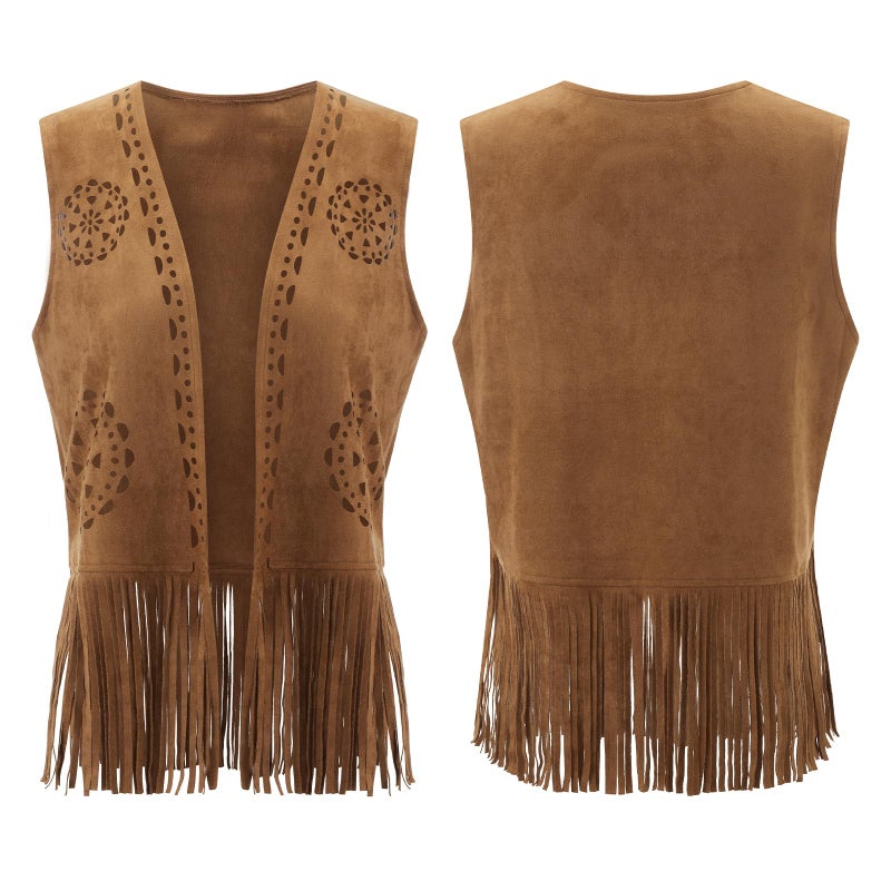 LouVasabuce Women Boho Western Tassel Vest Open Front Faux Suede Fringe Cardigan Sleeveless Jacket Vintage Hippie Outwear(Brown, XXL) - Image 4
