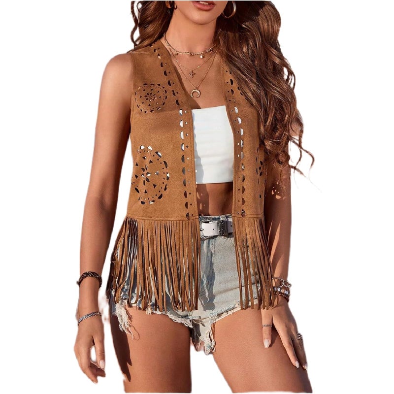 LouVasabuce Women Boho Western Tassel Vest Open Front Faux Suede Fringe Cardigan Sleeveless Jacket Vintage Hippie Outwear(Brown, XXL) - Image 1