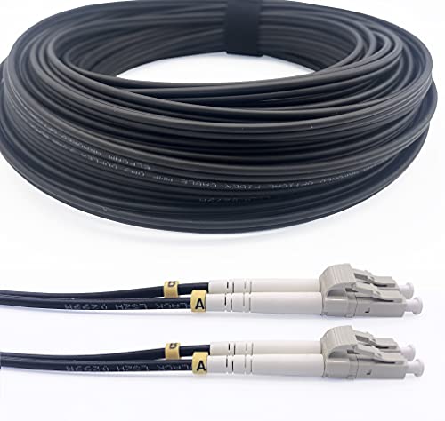 Elfcam® - 50m/164ft Outdoor and Indoor Shielded Armored Fiber Optic Cable LC/UPC to LC/UPC OM3 Multimode Duplex 50/125μm LSZH, Black 50 Meters - Image 1