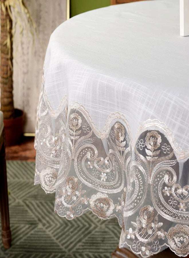 ARTABLE Lace Round Tablecloths with Exquisite Macrame Border Clear Embroidered Kitchen Holidays Fabric Tablecloth (Beige, 70 Inch Round) - Image 3