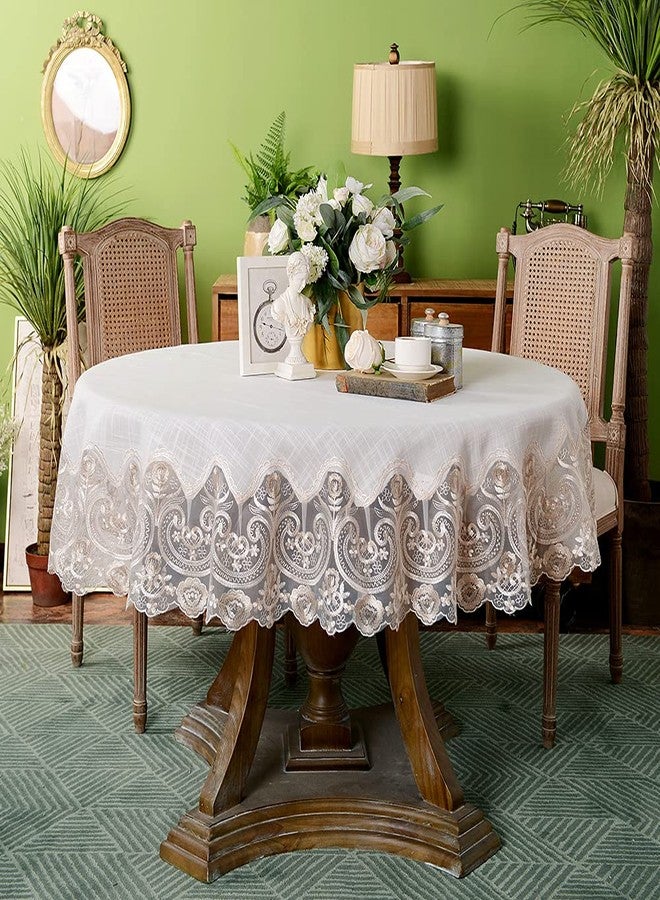 ARTABLE Lace Round Tablecloths with Exquisite Macrame Border Clear Embroidered Kitchen Holidays Fabric Tablecloth (Beige, 70 Inch Round) - Image 1