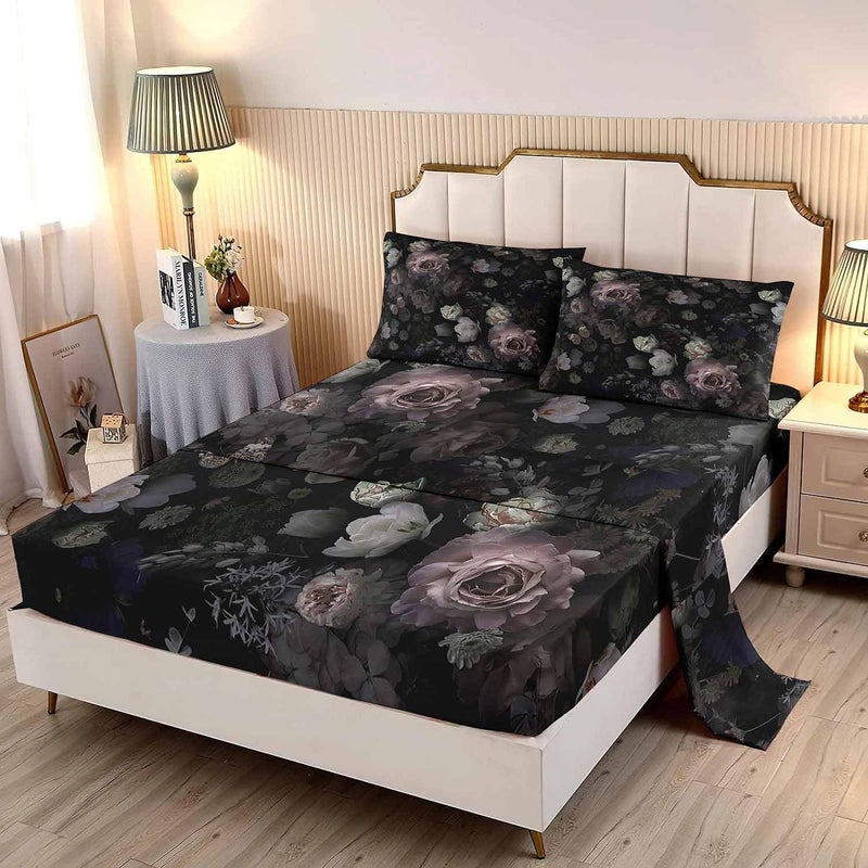 LUVIVIHOME مجموعة ملاءات لوفيفي هوم 4 قطع بتصميم قوطى أسود مزهر، ملاءة سرير كينج، جمالية حديقة الورد والبيوني الوردي فيكتورية، 1 ملاءة مشدودة و1 ملاءة مسطحة مع 2 غطاء وسادة - Image 3