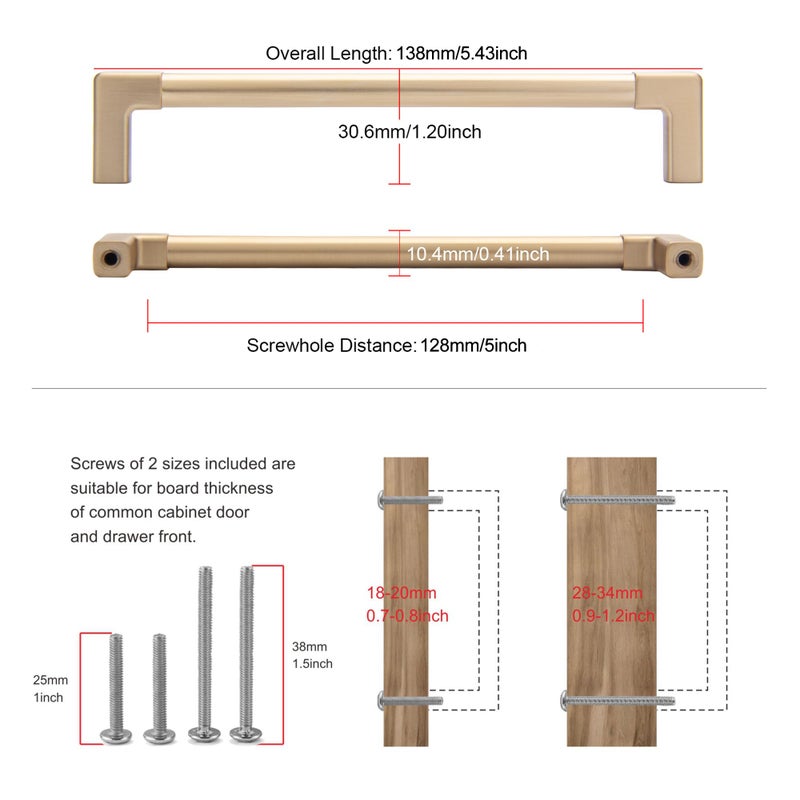 TUNNY 10 Pack Classic Solid Cabinet Handles-5"/128mm Screw Spacing Champagne Bronze Furniture Hardware Handles for Bathroom Dresser Kitchen Cabinets Bedroom Cabinet Pulls - Image 2