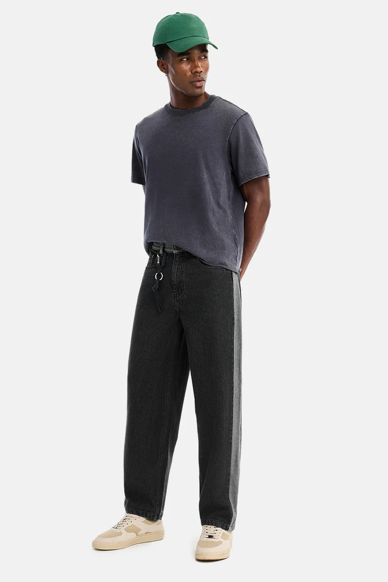 SNITCH Black Black Colour Blocked Loose Fit Streetwear Jeans for Men | Best Price UAE