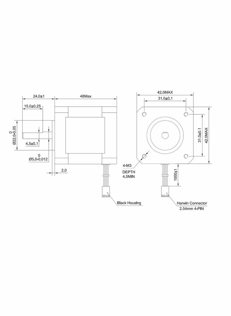 Y&D Dual Shaft Nema 17 Stepper Motor Bipolar, 0.5A/24Ncm/48mm Body/4-lead Wires/60cm Cable and Connector Compatible with 3D Printer/CNC - Image 5