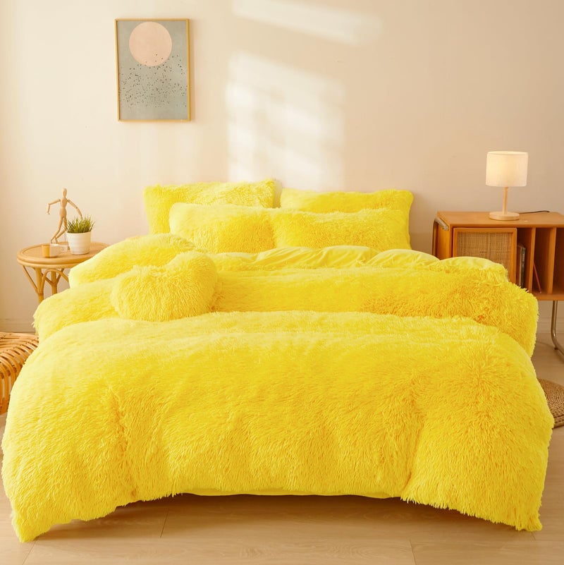 FOPPA Yellow Plush Fluffy Comforter Cover Set Queen Ultra Soft Faux Fur Bedding Sets 3 Pieces 1 Shaggy Duvet Cover 2 Pillow case Fuzzy Bed Set Yellow Queen