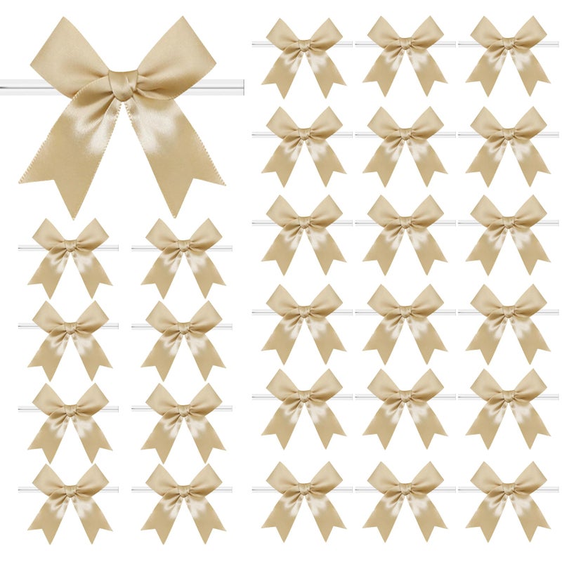 Amstorer 50 Pcs Twist Tie Bows Satin Ribbon Bows 3.3 Inch Gift Wrap Bows Craft Bows For Gift Wrapping  Party Decorations Gifts Bag Diy Treat Bags Wedding Decor Baby Shower Christmas (Golden) - Image 1