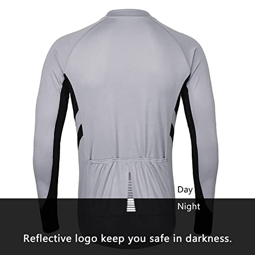 ARSUXEO Men's Full Zipper Long Sleeves Cycling Jersey Bicycle MTB Bike Shirt 6030 Light Gray Size S - Image 2