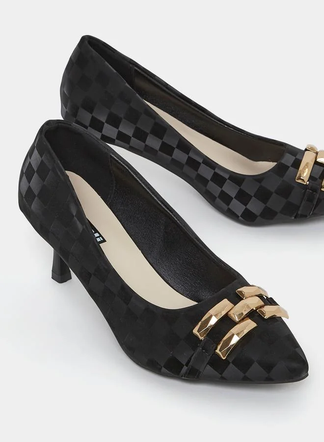 Styli Checked Metal Accent Slip On Kitten Heel Sandals