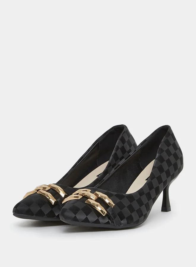 Styli Checked Metal Accent Slip On Kitten Heel Sandals