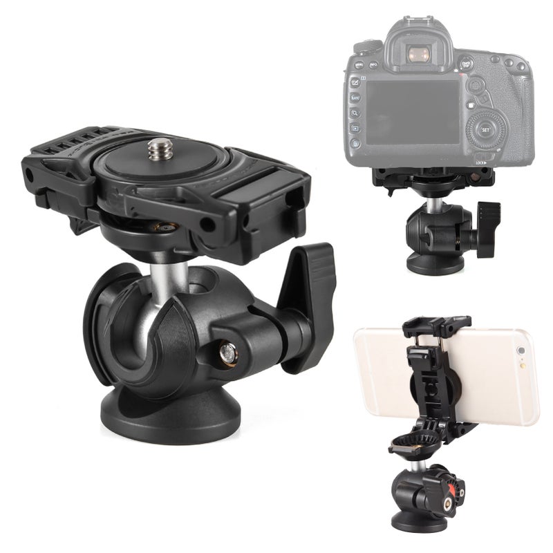 Camera Tripod Mount 360° Rotatable Ballhead 1/4 Inch Screw Integrated Phone Holder Phone Tripod Mount Adapter with Cold Shoe for Vlog Photography Video Recording - Image 1