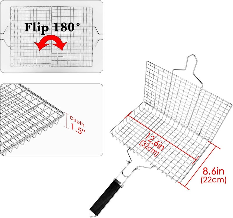 Linkidea Square Portable BBQ Grill Basket, Stainless Steel Fish Barbecue Accessories with Removable Secure Locking Handle, Picnic Grill Rack for Outdoor Cooking Vegetables Fishes Shrimp - Image 2
