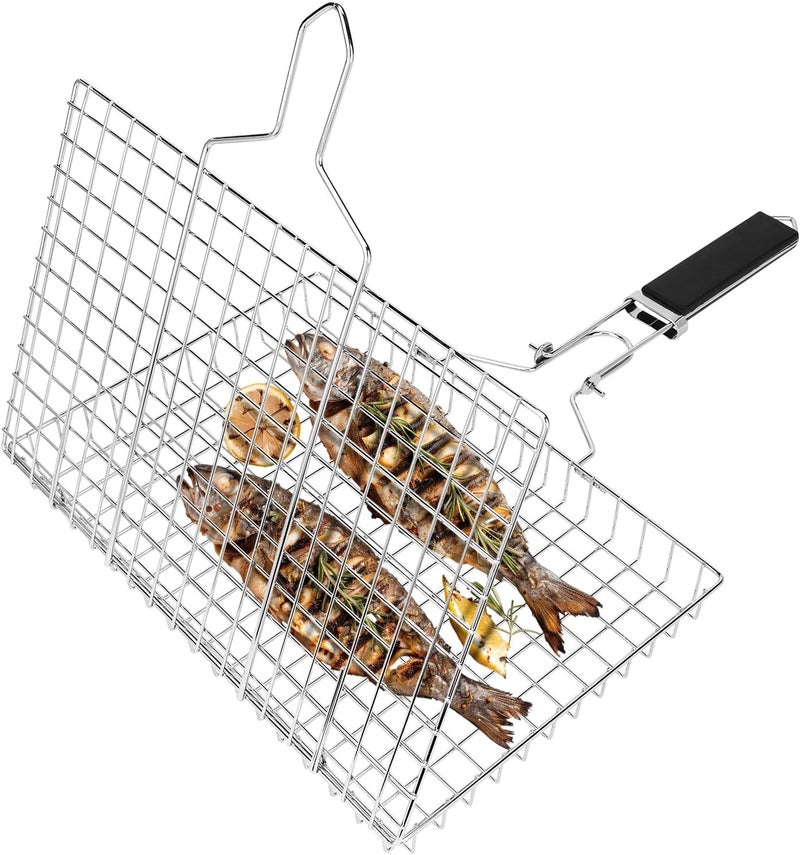 Linkidea Square Portable BBQ Grill Basket, Stainless Steel Fish Barbecue Accessories with Removable Secure Locking Handle, Picnic Grill Rack for Outdoor Cooking Vegetables Fishes Shrimp - Image 1