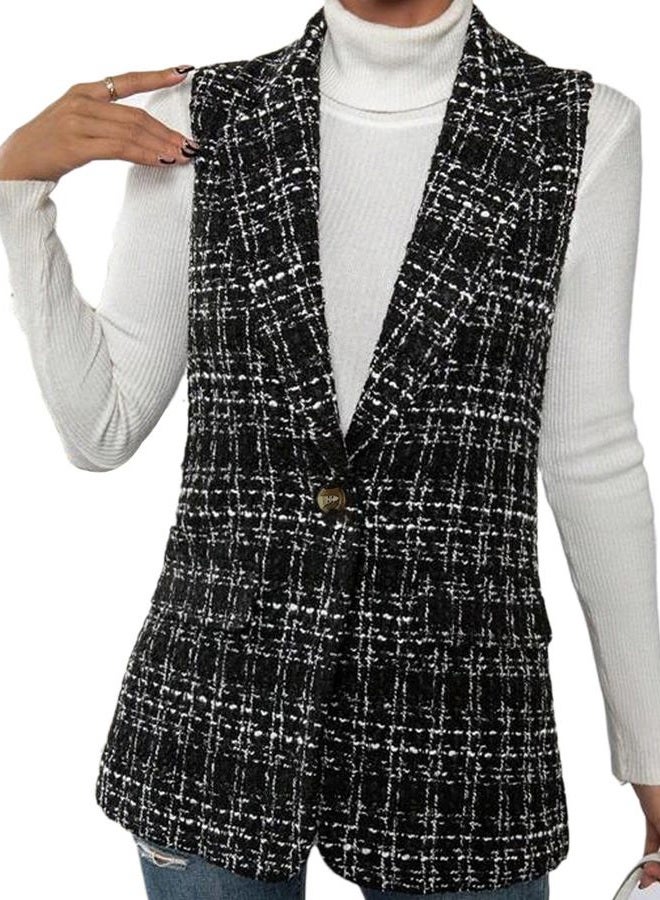 Mina Self Womens Summer Sleeveless Jacket Lightweight Casual Open Front Work Office Work Jacket with Pockets, Tweed-black, XXL - Image 3