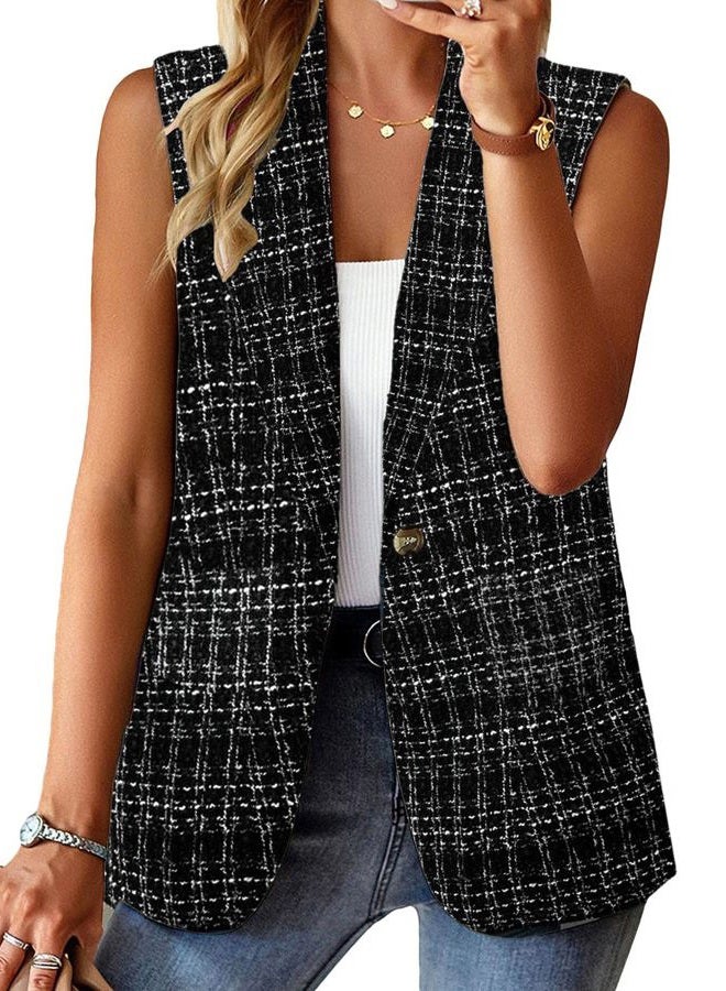 Mina Self Womens Summer Sleeveless Jacket Lightweight Casual Open Front Work Office Work Jacket with Pockets, Tweed-black, XXL - Image 1
