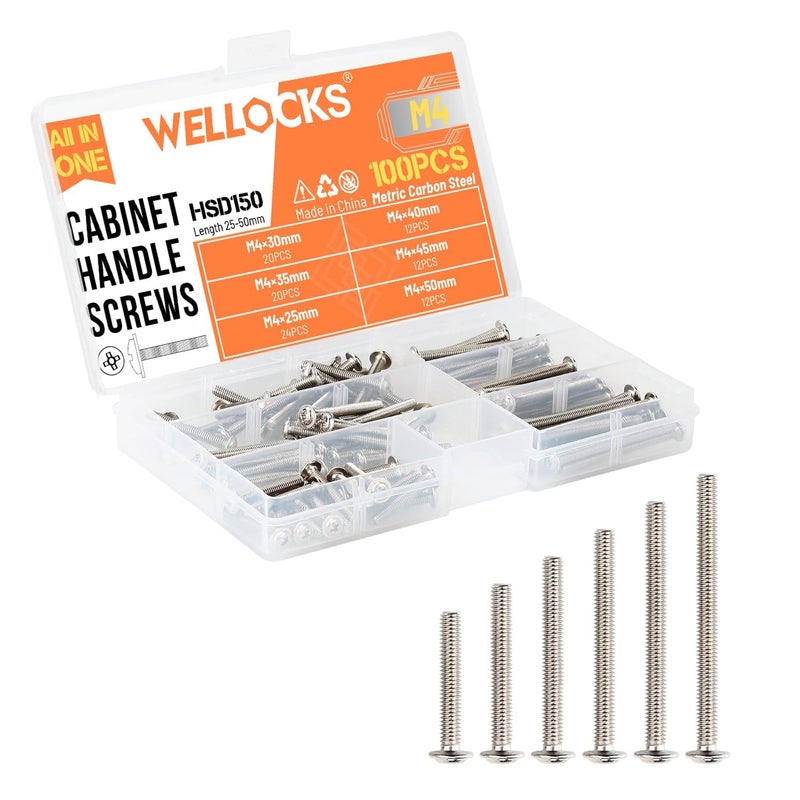 WELLOCKS Cabinet Pulls Knobs Screws M4 25-50mm 100 PCS Assortment Machine Screws Pan Washer Head Metal Phillips Screws Kit for Cabinet Drawer Cupboard Closet Handles Install(D150) - Image 1