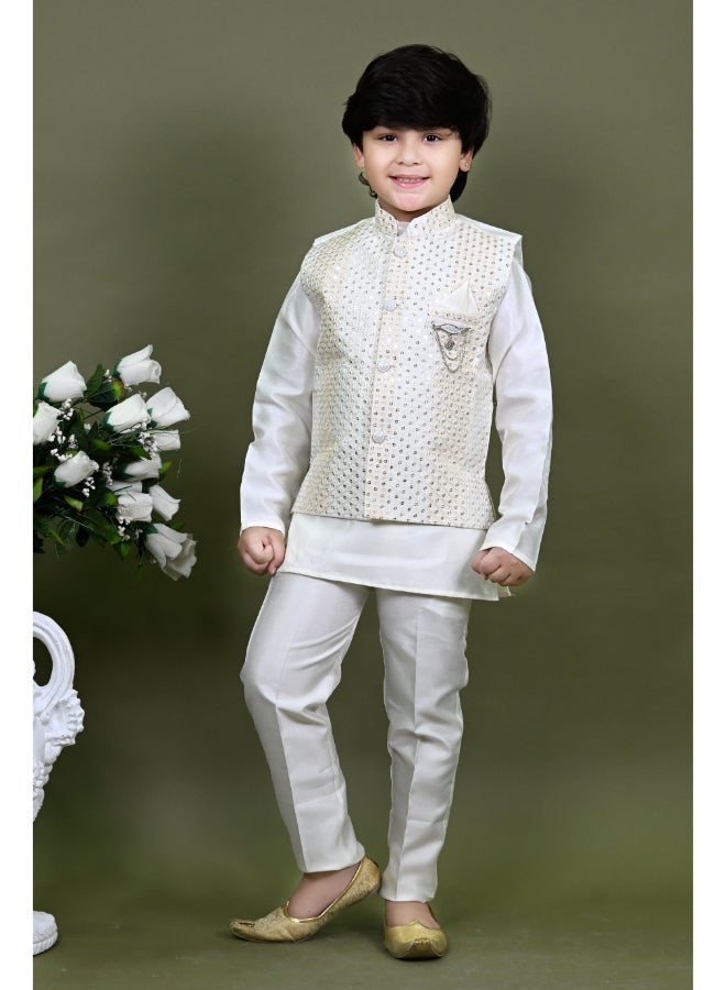 BT DEZINES طقم كورتا بيجاما قطن حرير أبيض للأولاد - Image 1