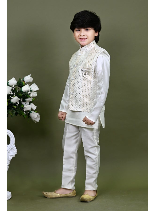 BT DEZINES طقم كورتا بيجاما قطن حرير أبيض للأولاد - Image 3