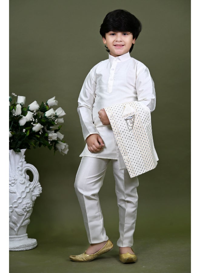 BT DEZINES طقم كورتا بيجاما قطن حرير أبيض للأولاد - Image 4