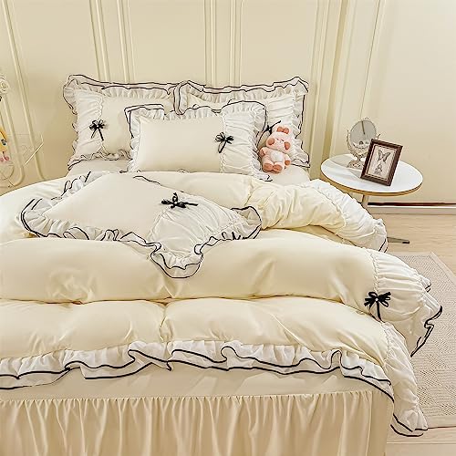 IHOUSTRIY Cream Duvet Cover Queen Size, Ruffle Beddding Set with Bowtie, 3 Pieces Comforter Cover Set with Zipper Closure, Girl Bedding with Pillowcase - Cream Yellow, Queen - Image 2