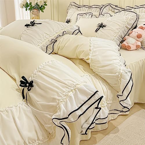 IHOUSTRIY Cream Duvet Cover Queen Size, Ruffle Beddding Set with Bowtie, 3 Pieces Comforter Cover Set with Zipper Closure, Girl Bedding with Pillowcase - Cream Yellow, Queen - Image 1
