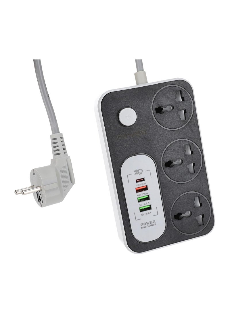 G-POWER ws343 power strip 220v with 3 universal international socket,1 fast charging socket 18w,1 type c charging ports 20w and 2 usb charging ports 2.4a - black grey  - Image 1
