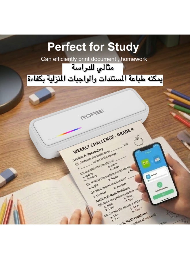 Rofee X9 Portable Thermal Printer, Supports A4 thermal Paper, 200DPI Inkless Mobile Travel printer For Car, School, Office  Mini Bluetooth Printer For Android, & For iOS Phone (White) - Image 2
