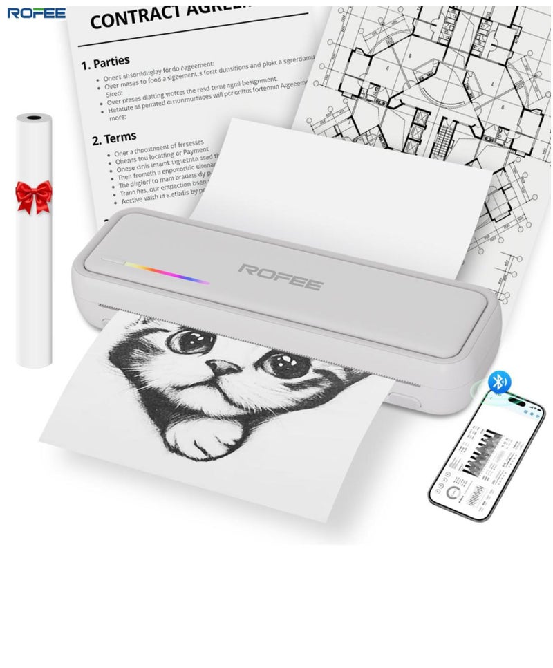 Rofee X9 Portable Thermal Printer, Supports A4 thermal Paper, 200DPI Inkless Mobile Travel printer For Car, School, Office  Mini Bluetooth Printer For Android, & For iOS Phone (White) - Image 1