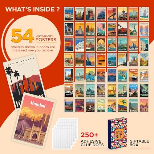 CodersParadise Travel City Wall Collage Kit – 54 Pcs Aesthetic 4x6’’ Vintage City Posters | Trendy Travel Room Décor Set for Bedroom, Popular Cities Photo Prints with Glue Dots Included - Image 2