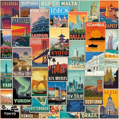 CodersParadise Travel City Wall Collage Kit – 54 Pcs Aesthetic 4x6’’ Vintage City Posters | Trendy Travel Room Décor Set for Bedroom, Popular Cities Photo Prints with Glue Dots Included - Image 1