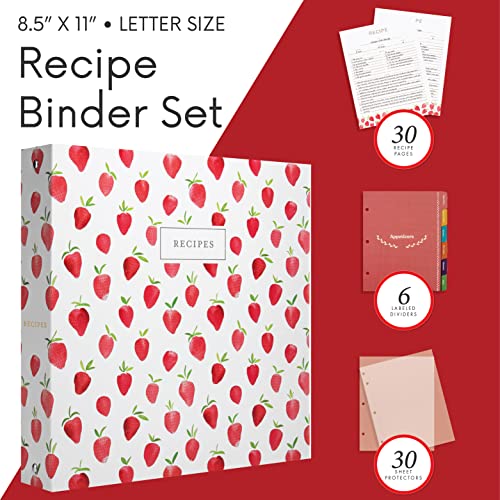 Jot  Mark Jot & Mark 8.5" x 11" 3 Ring Recipe Binder with Spill-Proof Clear Binder Sleeves Sheet Protector, 30 Dual-Sided Recipe Card Pages for Written & Printed Recipes, Tabbed Dividers, Strawberry Wilds - Image 3