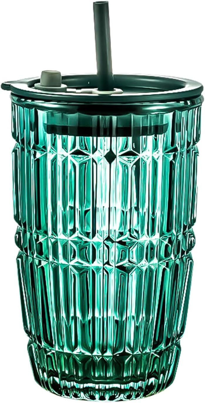 Air Son Drinking Glass Travel Sipper Tumbler Mug with Straw and Lid Tea Coffee Fruit Juice Milk Cup Drinks Pack of 1 Dark Green Crystal 400 ML - Image 1