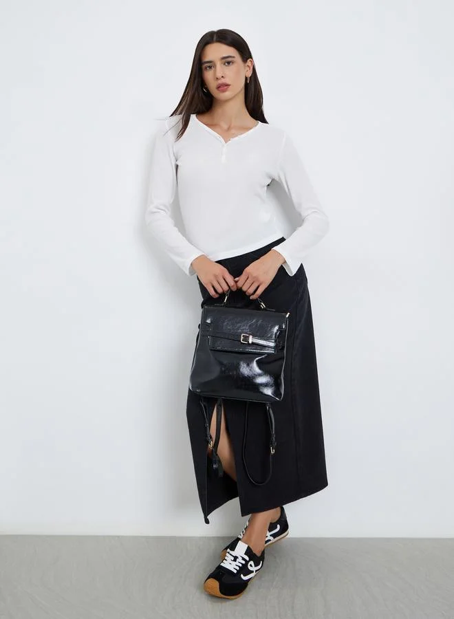 Styli Styli White Solid Half-Placket Waffle Knit Top