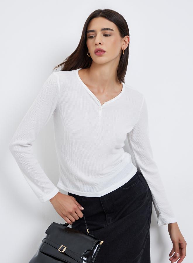 Styli White Solid Half-Placket Waffle Knit Top - Image 3