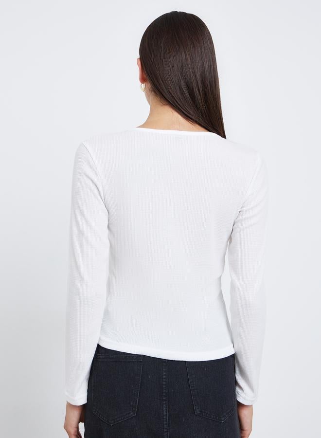 Styli White Solid Half-Placket Waffle Knit Top - Image 5