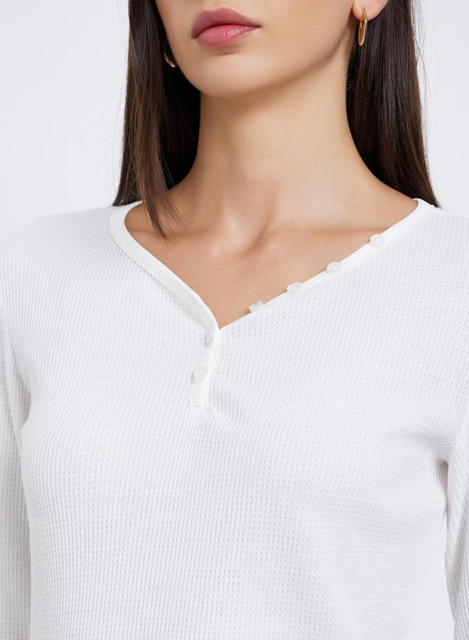 Styli White Solid Half-Placket Waffle Knit Top - Image 4