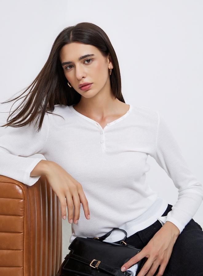 Styli White Solid Half-Placket Waffle Knit Top - Image 2