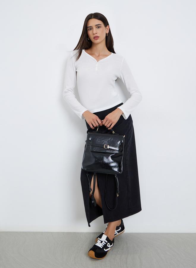 Styli White Solid Half-Placket Waffle Knit Top - Image 1