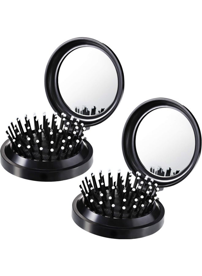 FUKE 2 Pack Foldable Travel Mirror Hair Brushes Round Portable Folding Pocket Hair Brush Mini Comb Compact Travel Size Massage Comb for Men Women - Image 1